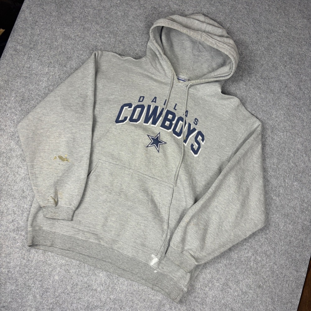Vintage Reebok Dallas Cowboys Hoodie Mens Large Gray Distressed NFL Sweatshirt